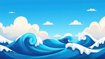 Vibrant ocean landscape with rolling waves and a bright blue sky, perfect for a captivating game design.
