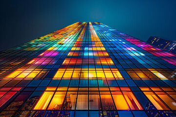 A towering modern building with countless windows illuminated, reflecting a spectrum of city lights against the night sky. Captured in HD, the structure glows vibrantly.
