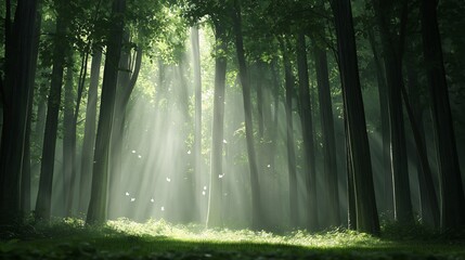 Obraz premium Sunlit Sanctuary: Tranquil forest bathed in ethereal morning light, sunbeams piercing through a canopy of lush green trees.
