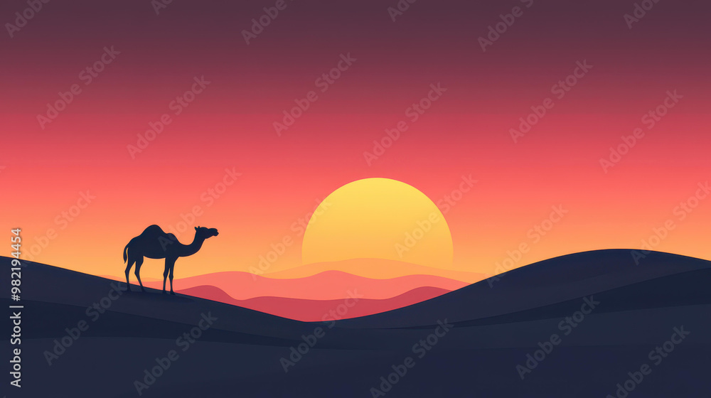 Sticker Experience the charm of a camels silhouette set against a stunning desert sunset, featuring minimalist design and soft gradients.