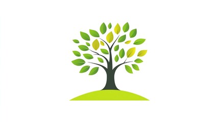 Fototapeta premium A stylized green tree with a few yellow leaves, on a small green hill.