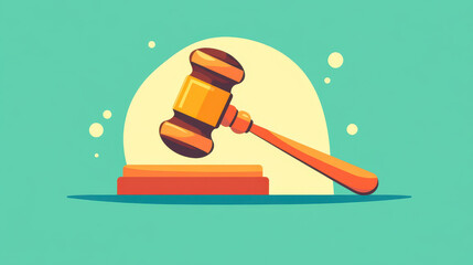 A vibrant graphic of a wooden gavel and soundboard, embodying law and fairness with a whimsical, cartoon flair.