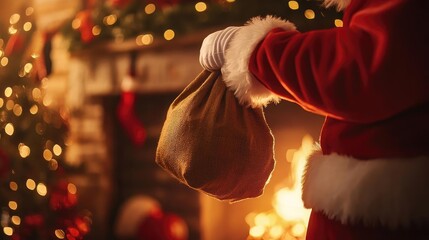 Naklejka premium A festive scene featuring a hand holding a gift bag, perfect for holiday celebrations and Christmas spirit.