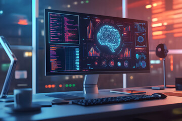 Fototapeta premium A high tech workspace featuring computer monitor displaying AI data visualizations, showcasing digital brain and various analytics. vibrant colors and modern design create an innovative atmosphere