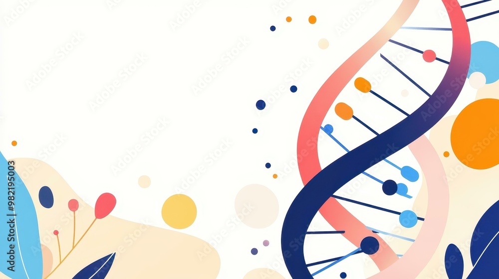 Poster vibrant abstract background showing a stylized dna structure with a fun, modern cartoon design and p