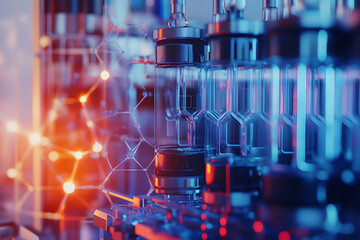 Advanced laboratory scene with glass vials and molecular structures, showcasing cutting edge technology and scientific research. vibrant colors create dynamic atmosphere of innovation and discovery