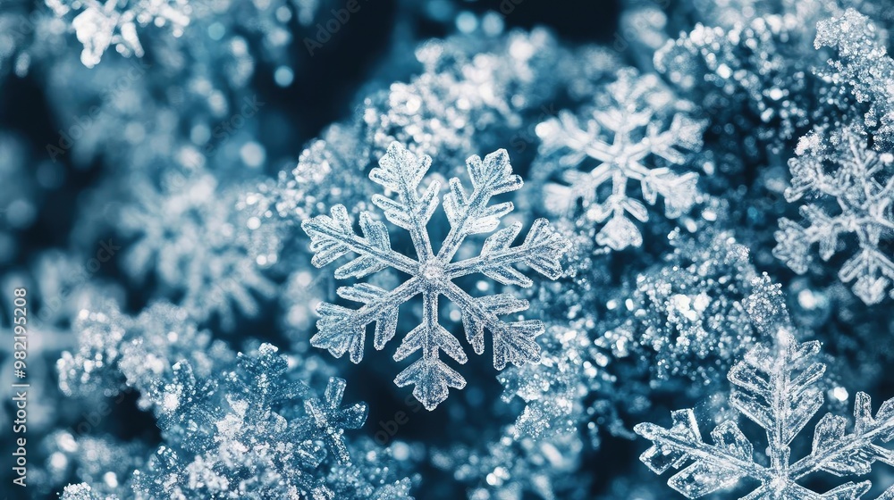 Poster close-up of intricate snowflakes showcasing unique patterns and textures against a soft blue backgro