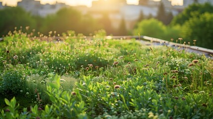 Fototapeta premium Restored Urban Green Roof with Native Plants Promoting Biodiversity and Reducing Heat Islands