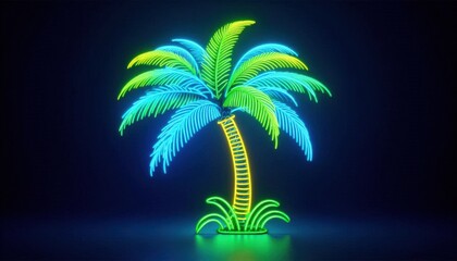 A neon light palm tree with vibrant green and yellow glowing leaves.