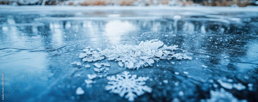 Poster close-up of delicate snowflakes resting on a frozen surface, showcasing intricate patterns and the b