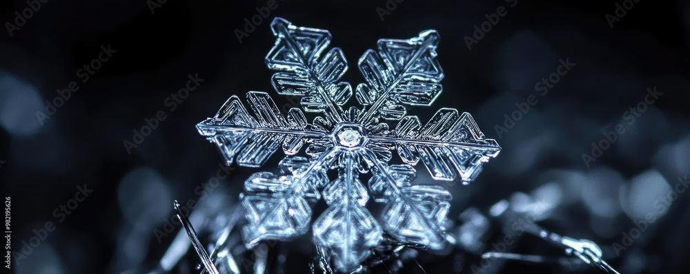 Poster a close-up view of a delicate snowflake resting on dark, shimmering surface, showcasing intricate de