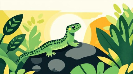 Obraz premium A vibrant closeup of a lizard on a sunlit rock, showcasing its detailed scales against a lush green backdrop.