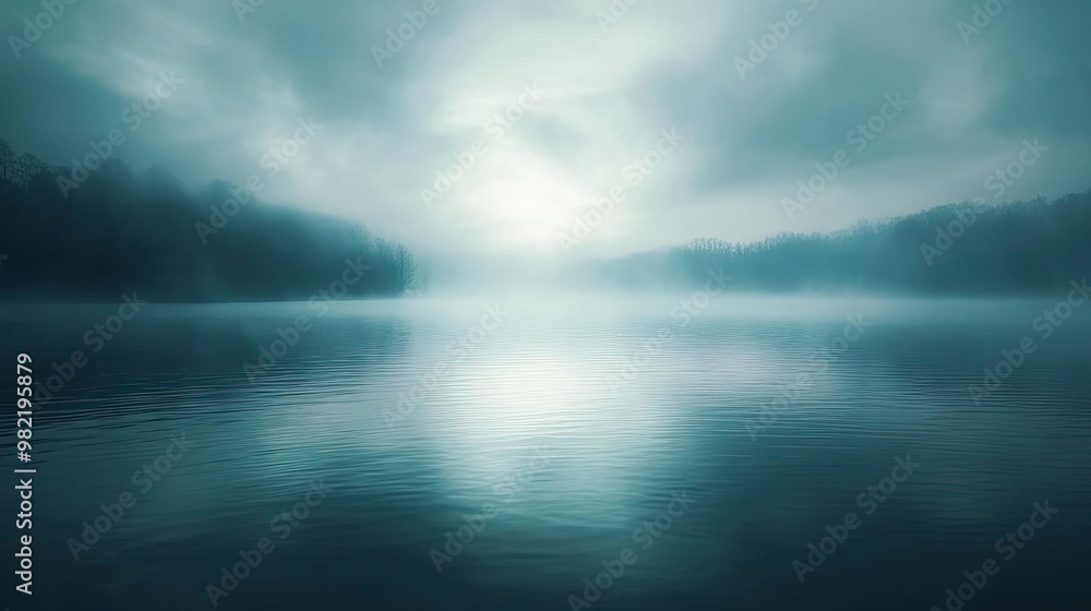 Poster mysterious lake landscape enveloped in fog, reflecting serene light and creating a tranquil atmosphe