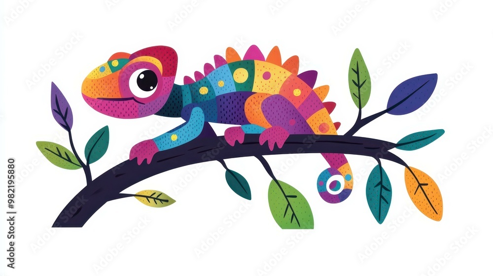 Poster a vibrant chameleon blends seamlessly into its branch, showcasing a stunning array of colors in a wh