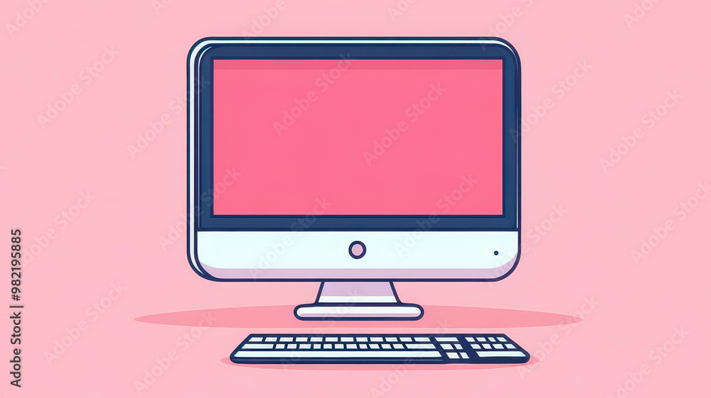 Poster a modern, minimalistic 2d vector design featuring a computer and keyboard in a clean, cartoonish sty