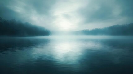 Obraz premium Mysterious lake landscape enveloped in fog, reflecting serene light and creating a tranquil atmosphere for nature lovers.