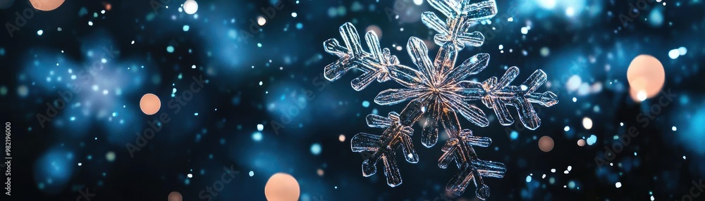 Poster a delicate snowflake surrounded by shimmering bokeh lights, creating a magical winter atmosphere wit