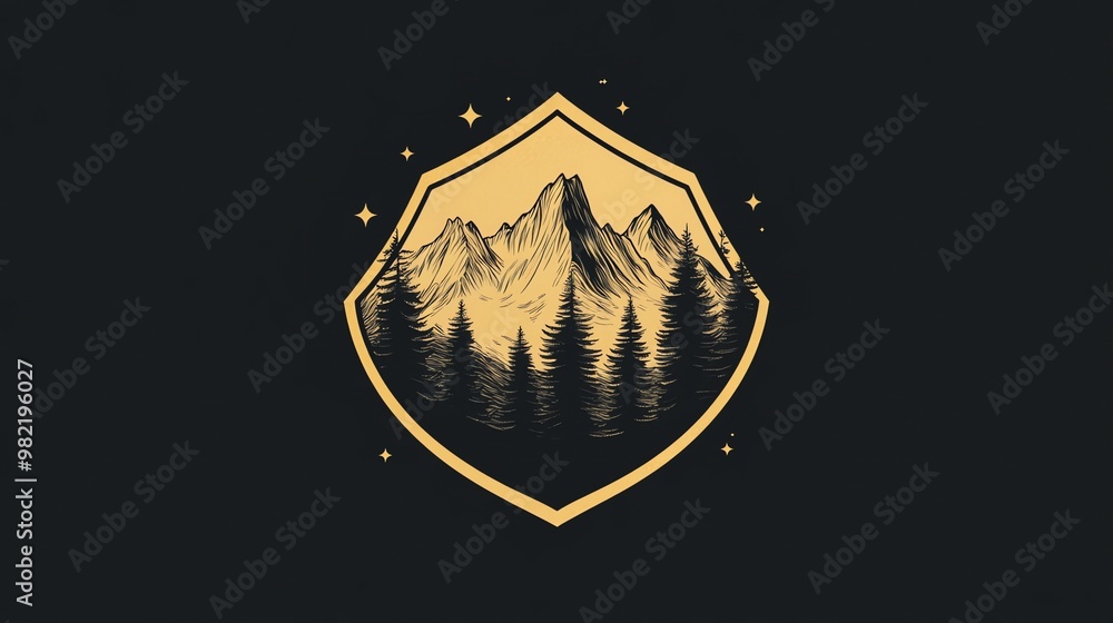 Poster a hand drawn illustration of a mountain range with trees in the foreground surrounded by a shield wi