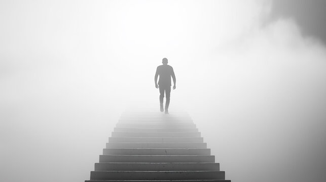 une silhouette d'homme monte un escalier blanc et se dirige vers la lumi&egrave;re pour le jugement dernier