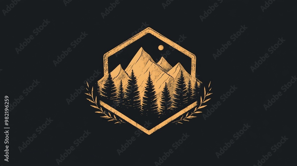 Poster a golden hexagonal emblem features a mountain range and pine trees with a crescent moon in the night