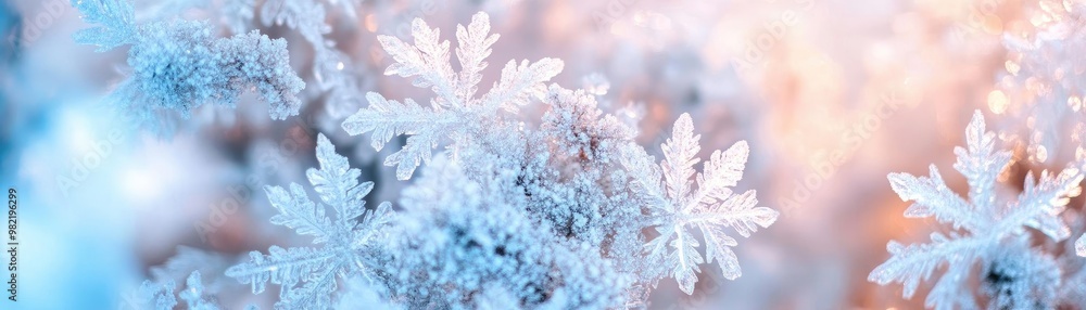 Poster close-up of delicate snowflakes on a soft winter background, showcasing intricate patterns and spark