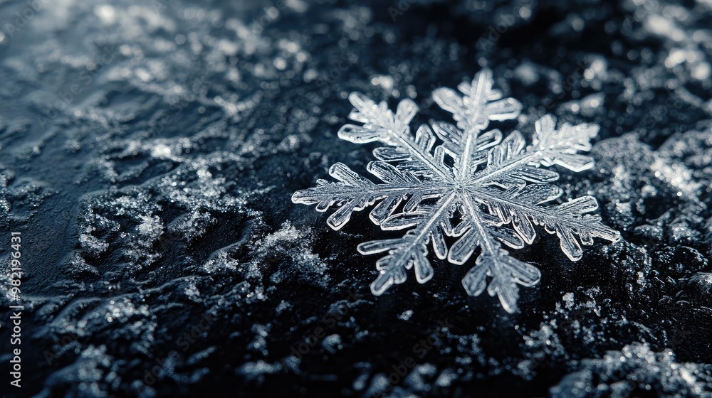 Poster a close-up view of a delicate snowflake resting on a dark, icy surface, showcasing intricate pattern
