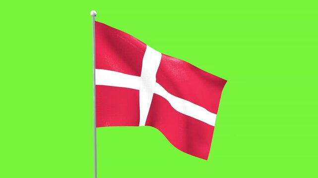 Denmark or Danish National Flag, fluttering in the wind on a green screen background.