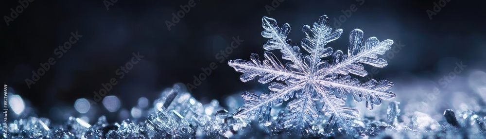 Poster a close-up of an exquisite snowflake resting on icy surface, showcasing intricate details and sparkl