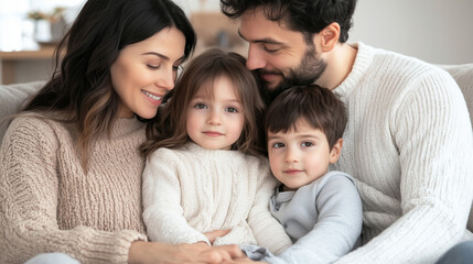 Obraz premium Family of four sitting together on a cozy couch, parents embracing their children, joyful and warm living room setting, family bond, copy space