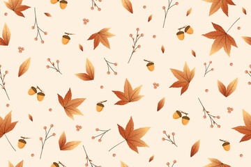 Leaves and acorns autumn pattern on a beige background,vector illustration.