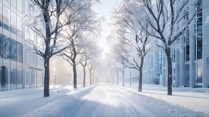 Frosty trees and snow-covered streets in downtown, modern architecture contrasting the winter chill, hyper-real, high-quality, sharp images, graphic, illustration