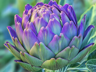 Super closeup shot of purple and green flower. Created with Ai
