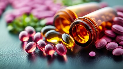 Variety of Colorful Pills and Supplements Spilling from Amber Containers