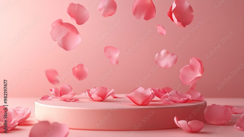 Canvas Prints Pink podium with rose pink petals on pink background