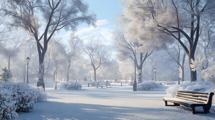 Downtown city park in winter, trees covered in frost and snow, a serene winter day in the heart of the city, hyper-real, high-quality, sharp images, graphic, illustration
