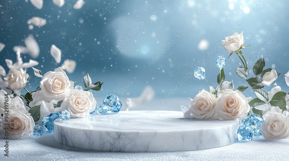 Canvas Prints white marble podium on the snow with roses and blue crystal vertical fairy background