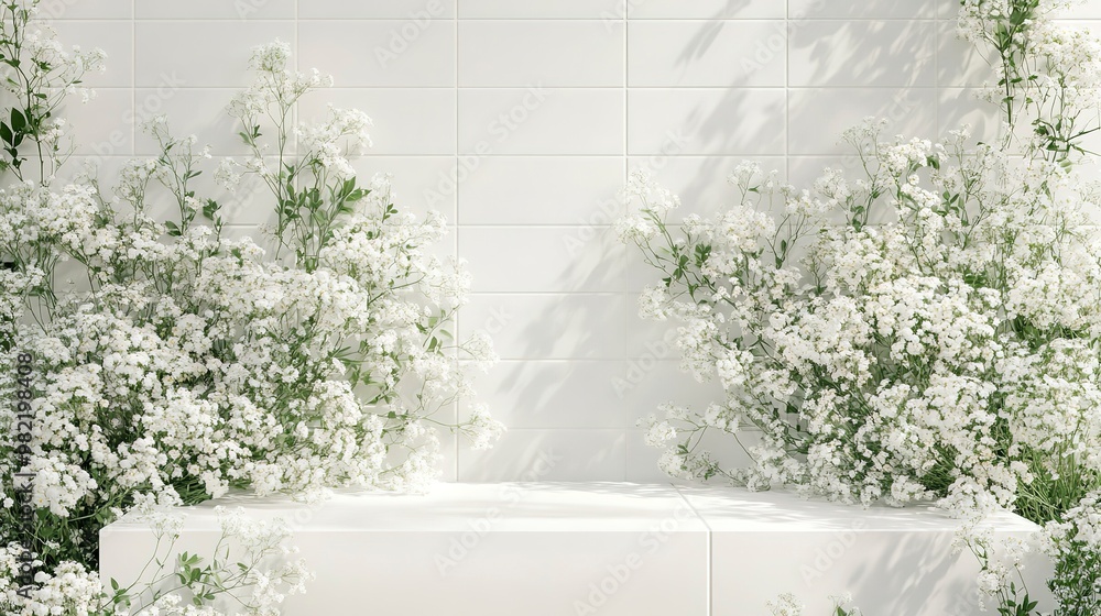 Wall mural clear white podium with white flowers, white tile wall, wedding bouquet, flower background