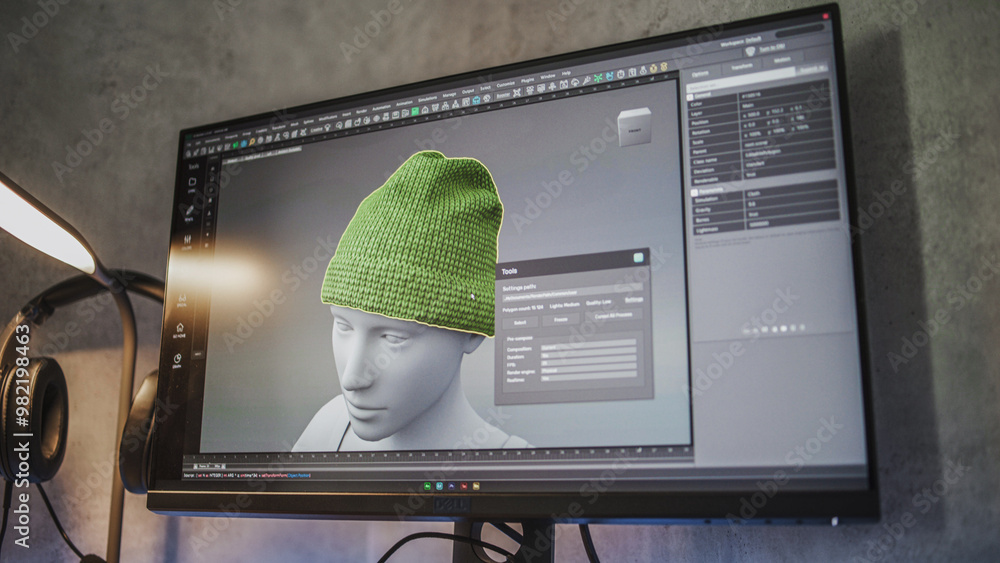 Poster Interface of professional 3D modeling or design software displayed on the computer monitor. Unrecognizable 3D designer creates and draws clothes using PC, works at home on freelance project.