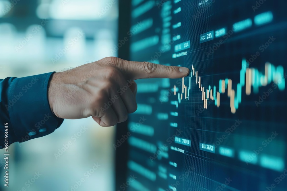 Poster a hand points at a digital stock market graph displaying fluctuating financial trends and data on a 