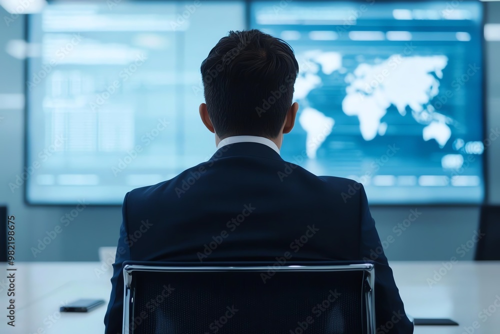 Poster a business professional observes data on large screens in a modern office, indicating analysis or st
