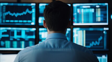 Fototapeta premium A focused individual analyzes multiple financial data screens, showcasing stock market trends and analytics in a high-tech environment.