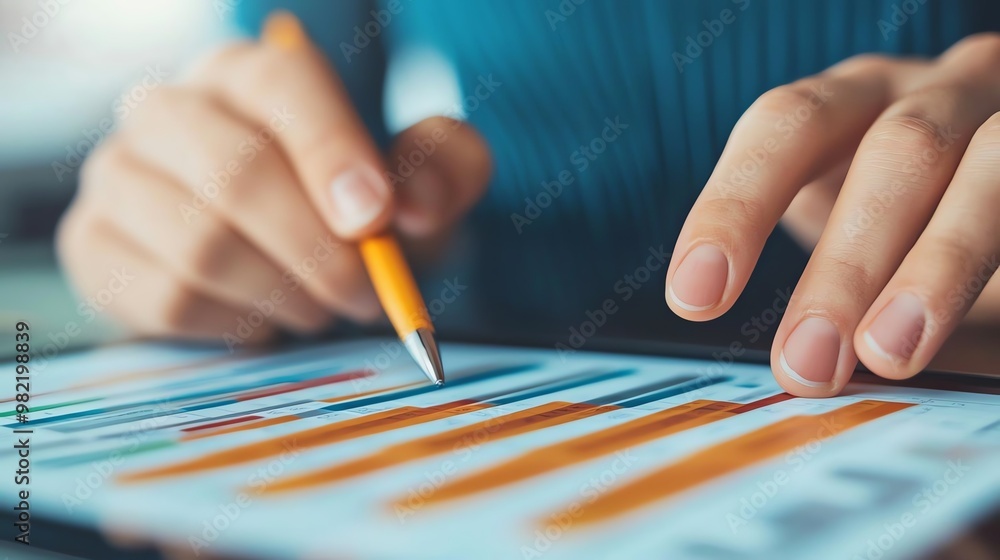 Poster a person analyzes data on a tablet, using a pencil to mark graphs, symbolizing modern data-driven de