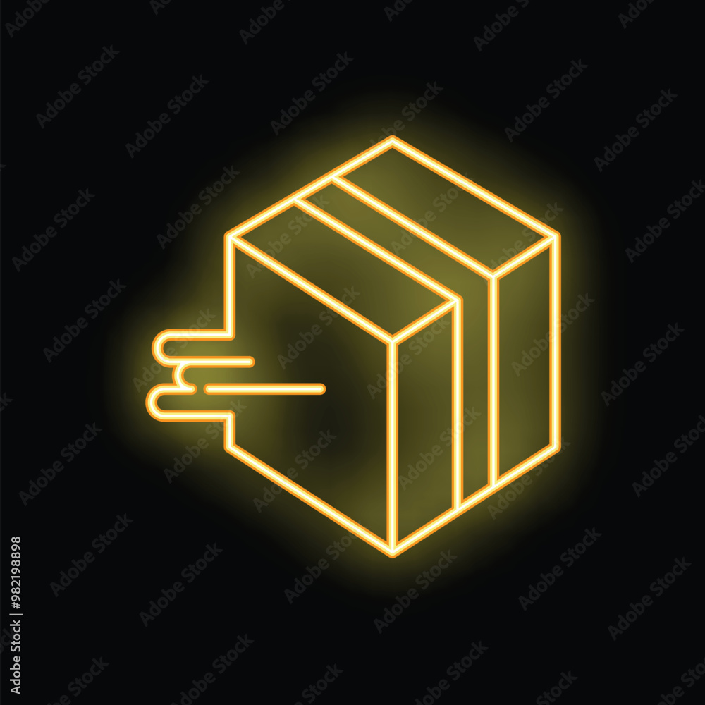 Poster minimalist neon yellow glowing cube connecting with three wires representing blockchain technology