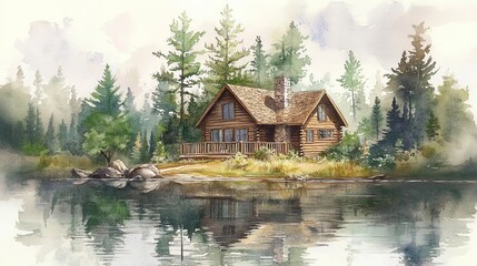 Obraz premium Watercolor painting of a rustic log cabin on a lake in a forest.