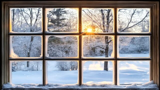 Snowy forest view from wide window with morning sunlight filtering through branches. Seamless looping time-lapse video background