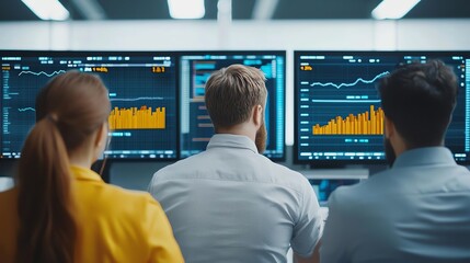 A group of professionals analyzing financial data on multiple screens in a modern office environment.