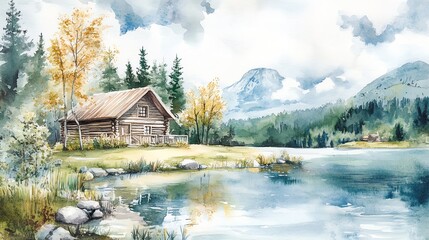 Obraz premium Watercolor painting of a cabin by a lake in the mountains.