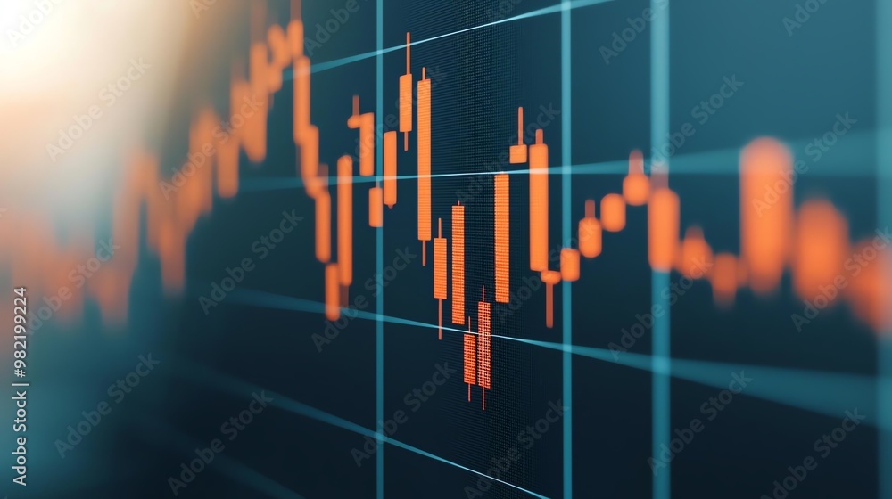 Poster a close-up view of a financial chart displaying candlestick patterns, illustrating market trends wit