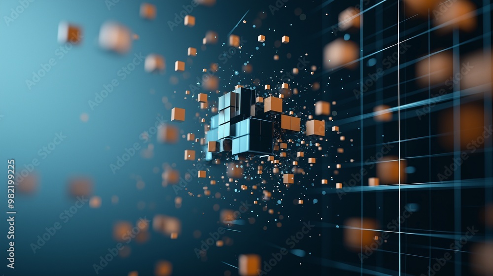 Poster quantum architecture: a complex structure of interconnected cubes, symbolizing data processing, mach