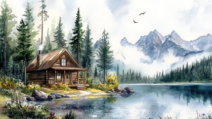 Watercolor painting of a rustic cabin by a lake in the mountains.